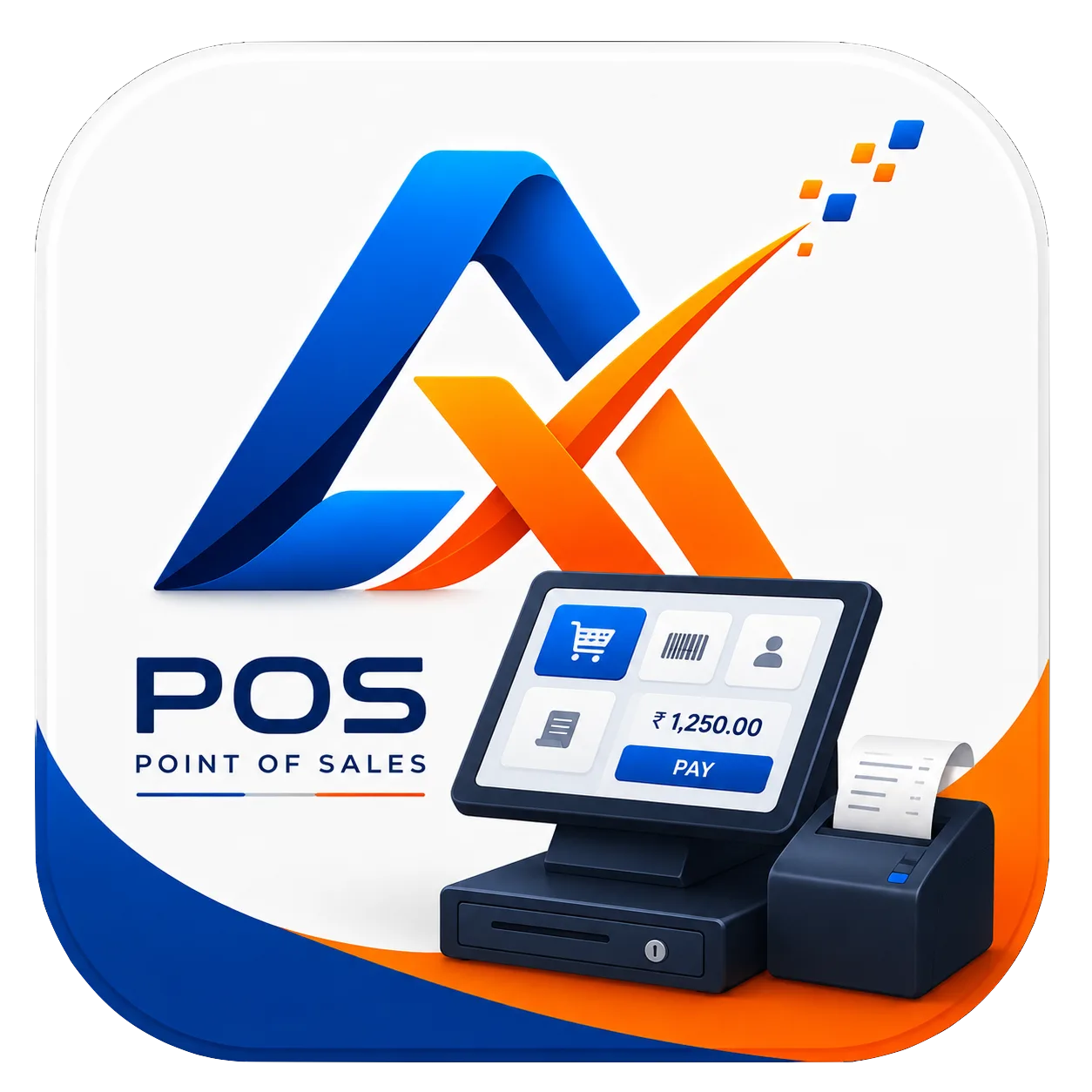 AccelX POS — countertop checkout terminal with cart, barcode, customer and payment tiles